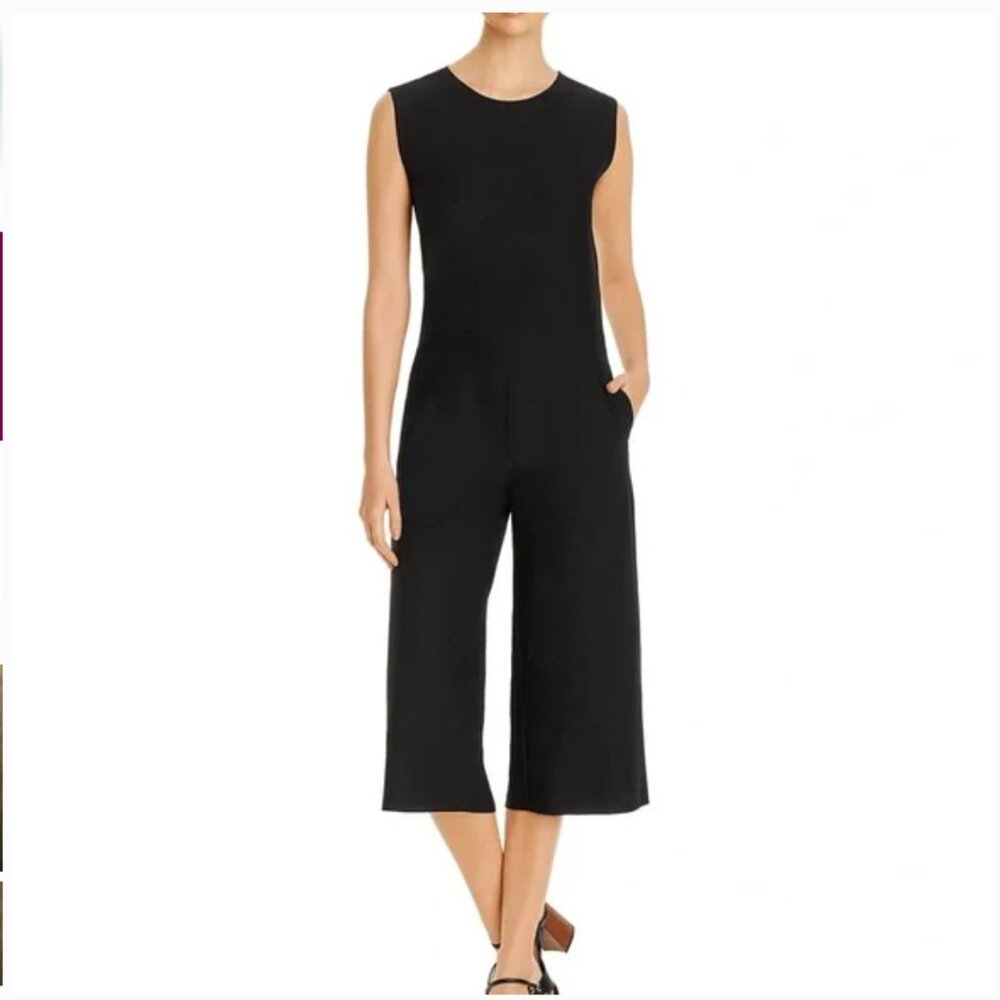 Eileen Fisher Washable Stretch Crepe Jumpsuit Large Front Tie Wide Leg Black - Picture 8 of 9